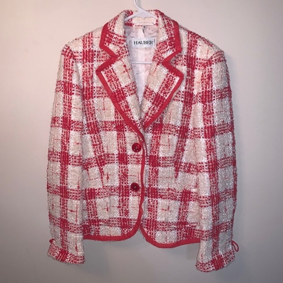 Hauber Red White Tweed Metallic Blazer Alpaca Wool Blend 8 - Picture 1 of 13